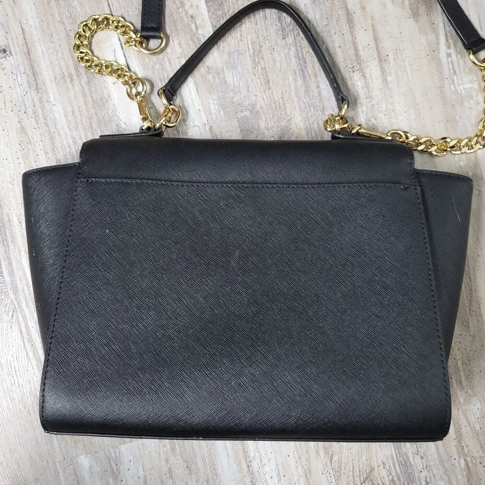Michael Kors Brandi Medium Satchel Black Saffiano Leather Crossbody Gold Chain